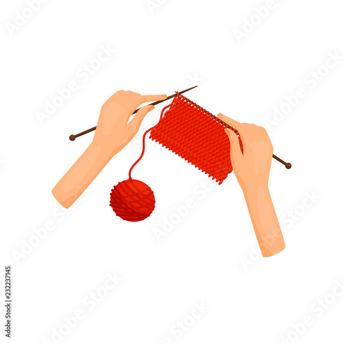 Female hands knits woolen clothes, top view. Spokes and bright woolen yarn. Handmade craft. Women hobby. Flat vector design