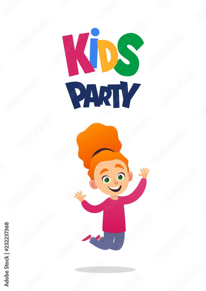 Happy cute girl jumping for joy kids party on white background