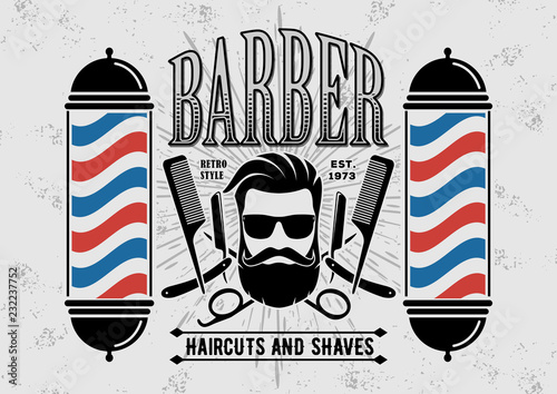 Barber shop vintage label, badge, or emblem on gray background. Vector illustration