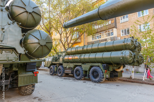 Russia, Samara, May 2017: S-300 anti-aircraft missile system on a city street prepared for the Victory Day parade on a spring sunny day. photo