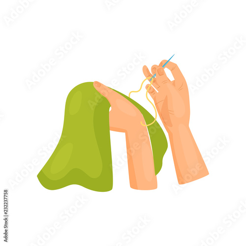 Female hands sewing clothes. Dressmaking and hobby theme. Flat vector element for banner of workshop or sewing courses