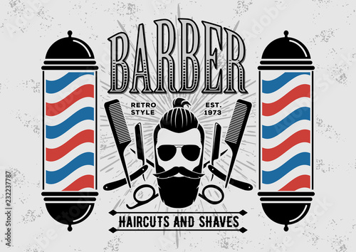 Barber shop vintage label, badge, or emblem on gray background. Vector illustration