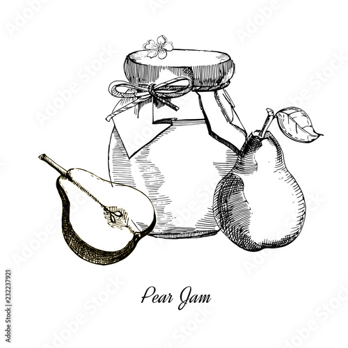 Pear jam.Hand drawn illustration. Ink sketch of canning pears, isolated on white background.