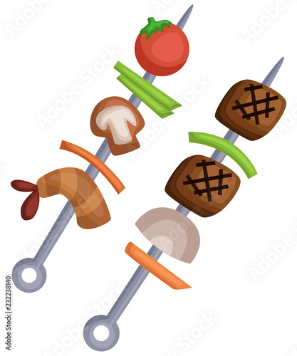 a barbeque stick with many food on the stick