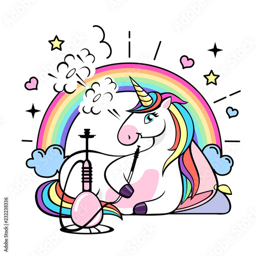Vector illustration of fantasy animal horse unicorn with hookah