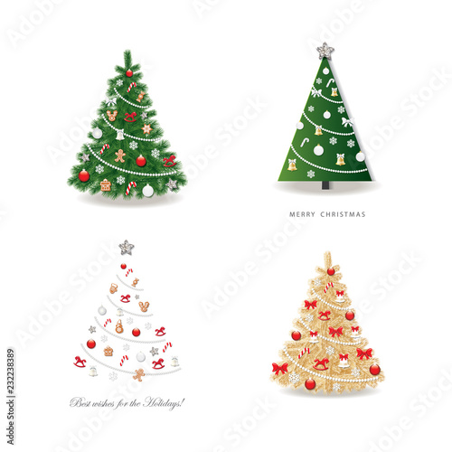 Christmas tree decorated set. Realistic, golden and simple paper cut out. photo