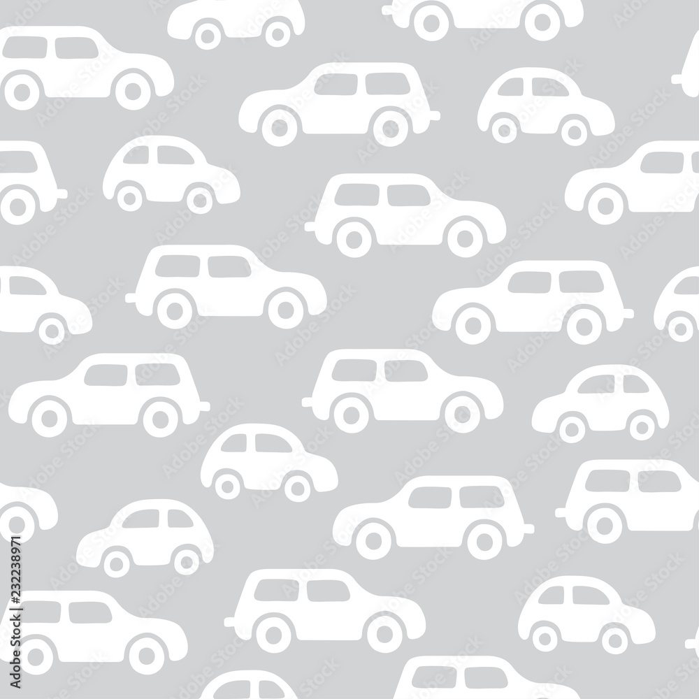 Doodle cars background. Seamless baby boy pattern in vector. Texture for wallpaper, fills, web page background.