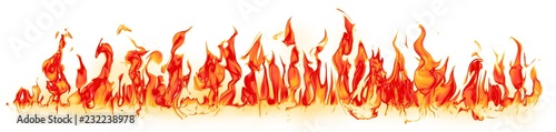 Fire - the line of fire created by excellent flames on a horizontal surface - a large set of fiery elements on a white background
