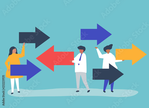 People carrying arrows in the opposite directions