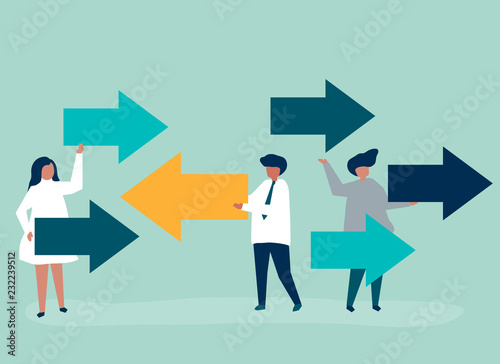People carrying arrows in the opposite directions