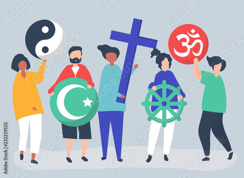 People holding diverse religious symbols illustration