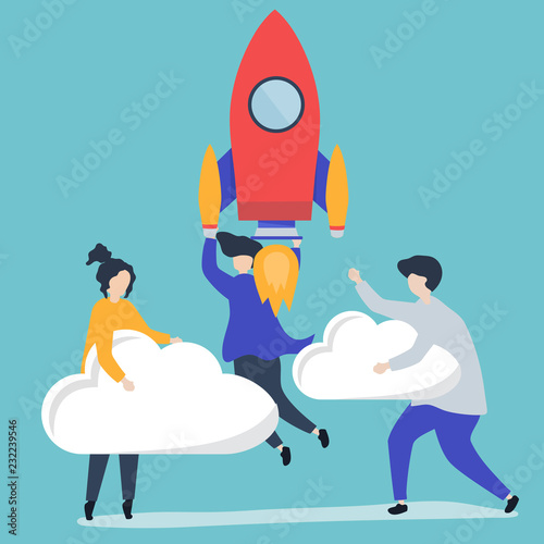 A people holding onto a launched rocket and clouds
