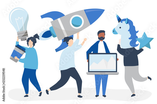 People characters holding creative business concept icons