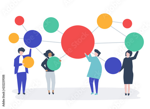 People holding connected copy space circle icons illustration