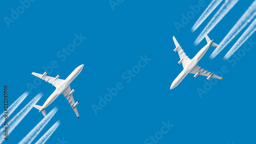 modern jet engine airplane with contrail in white color flying on blue sky panoramic aviation air travel landscape background aircraft departure airport isolated silhouette aerial cross view template