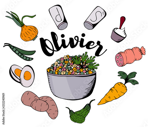 Vector illustration of russian traditional new year's dish Olivier salad. Ingredients for Olivier's recipe.