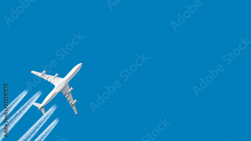 modern jet engine airplane with contrail in white color flying on blue sky panoramic aviation air travel landscape background aircraft departure airport isolated silhouette aerial skew view template