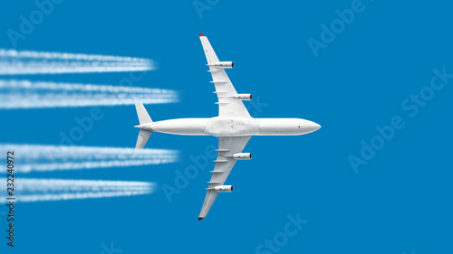 modern jet engine airplane with contrail in white color scheme flying on blue sky panoramic aviation air travel landscape background aircraft departure airport isolated silhouette aerial view template