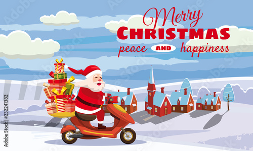 Merry Christmas and Happy New Year, Happy Santa Claus with a gifts box riding a scooter. Winter landscape background, town, snow. Christmas holiday theme design element for greeting cards, banners