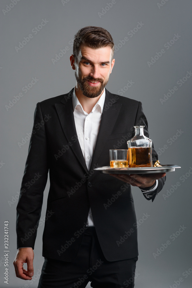 Happy man with old whisky Happy man with old whisky