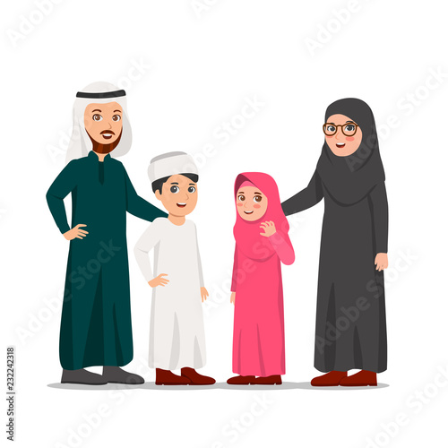 Happy Middle-Eastern Family, Father, Mother and Their Children Vector Cartoon Illustration