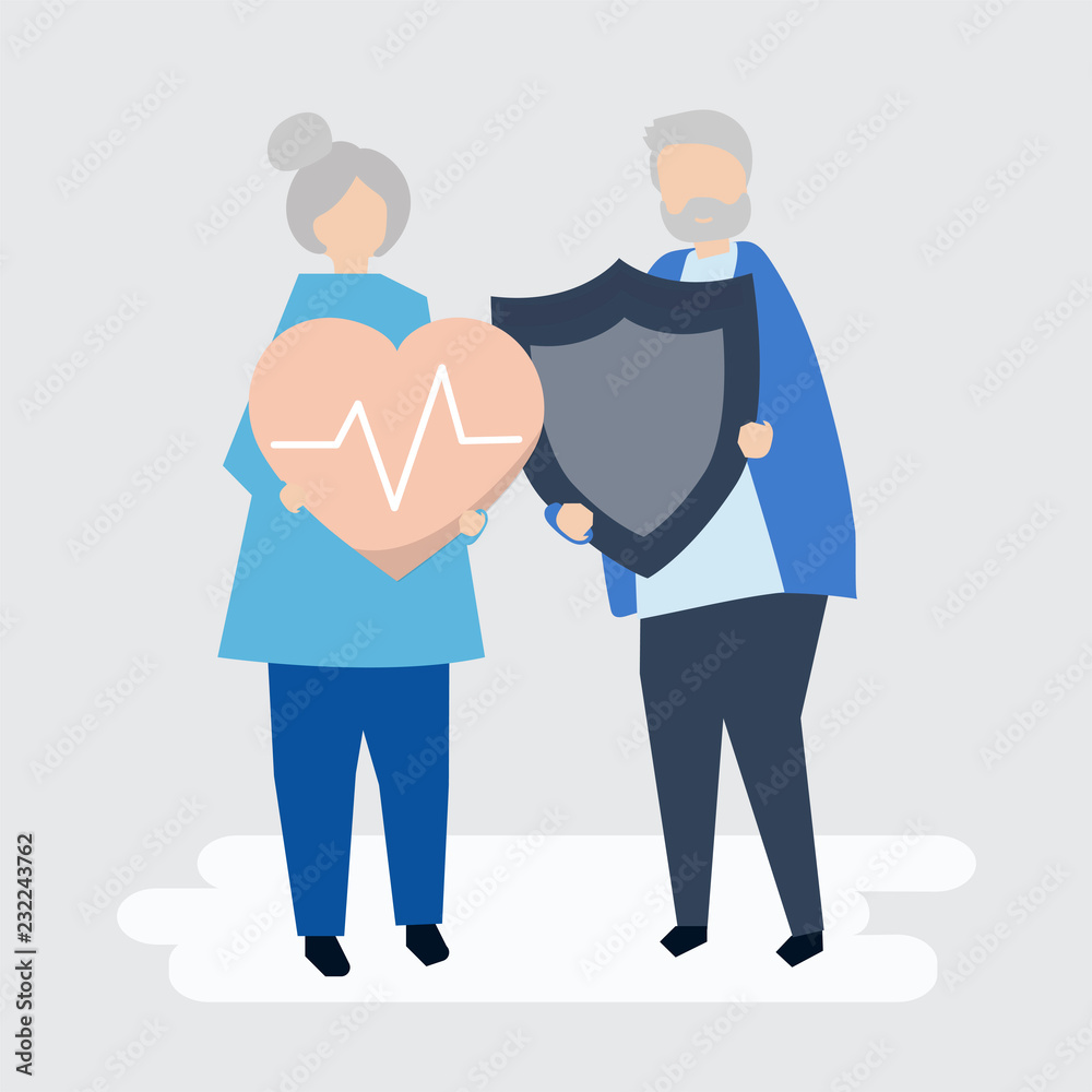 Senior couple holding health insurance icons Senior couple holding health insurance icons