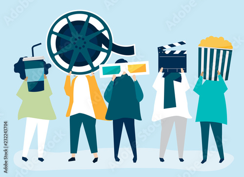Characters of people holding movie icons illustration