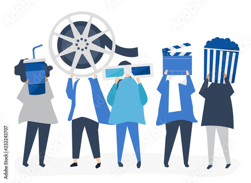 Characters of people holding movie icons illustration