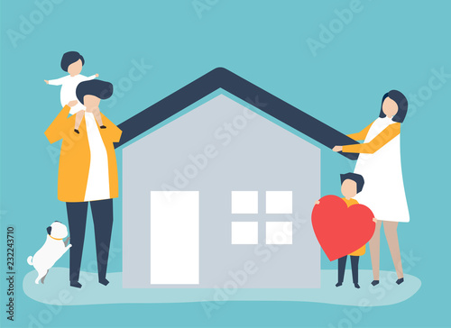 Characters of a loving family and their house illustration