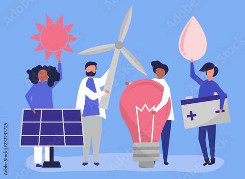 Characters of people holding green energy icons