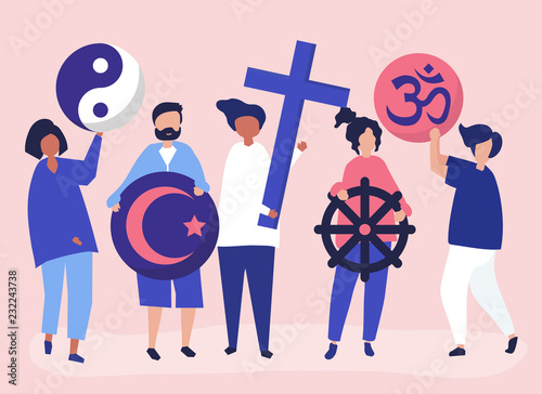 People holding diverse religious symbols illustration