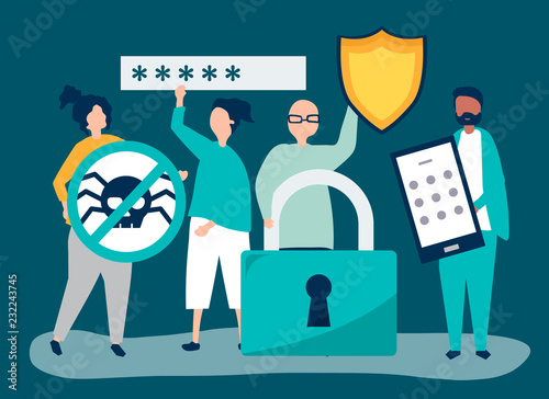 Illustration of people with privacy and security icons