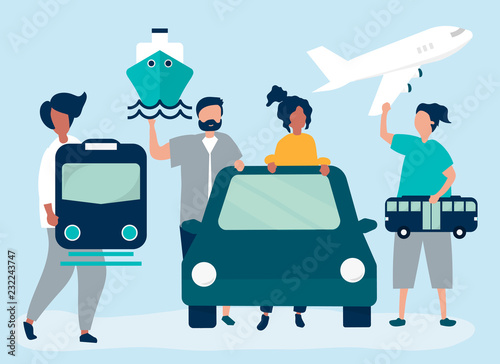 People holding different transportation icons