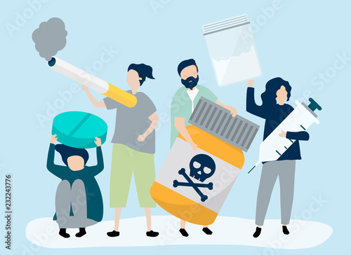 Characters of people holding illegal drug icons illustration