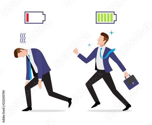 Stressed overworked and vigorous businessman set with charged and discharged battery icon and briefcase go to work, vector illustration in flat style