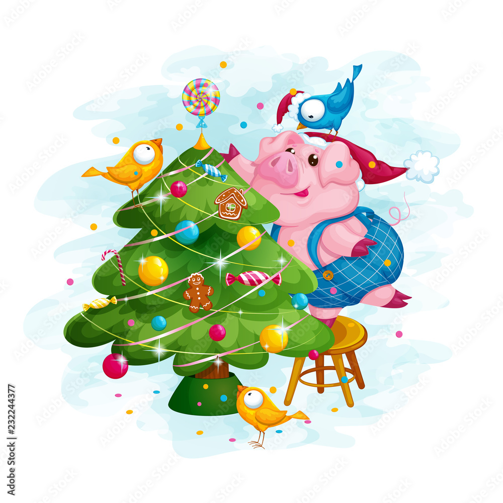 Fototapeta premium A cute piglet and three birds decorate the Christmas tree for Christmas. New Year or Christmas card. Vector illustration of a cardboard on a blue watercolor background.