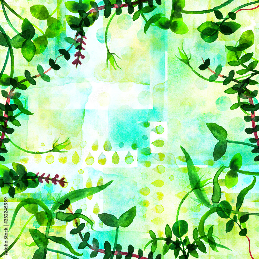 A frame with fresh green sprouts and copy space. Watercolor branches and leaves, forming a border for a spring design with a place for text