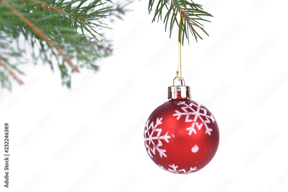 Christmas baubles hung from a branch of fir tree on white background Christmas baubles hung from a branch of fir tree on white background