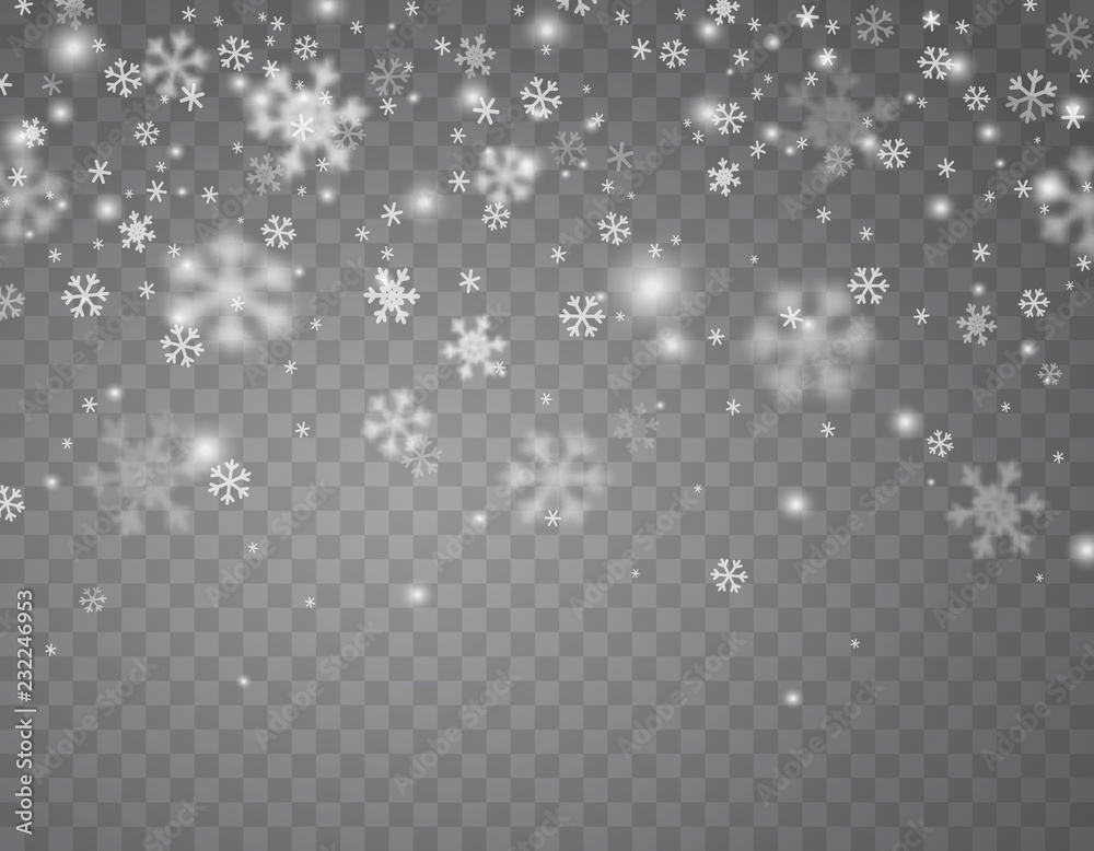 Snow flakes falling isolated on transparent background. Vector christmas snowfall overlay texture, white snowflakes flying in winter air.