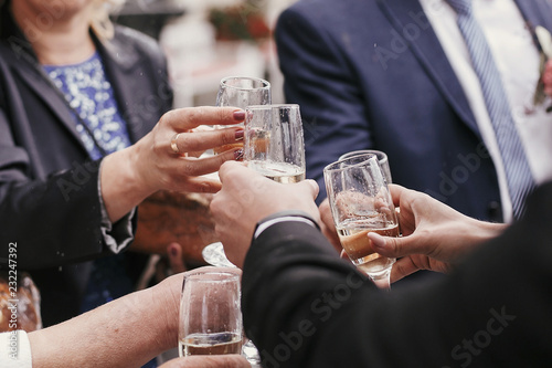 Photography Group of people cheering and toasting with champagne at wedding reception