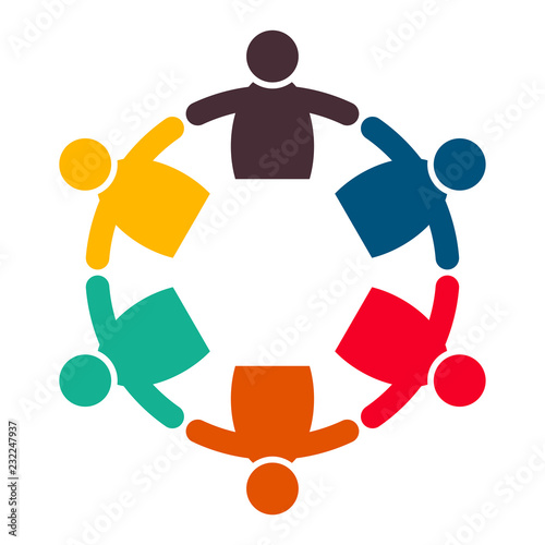 Group of six persons in circle. holding hands.The summit workers are meeting in the same power room.