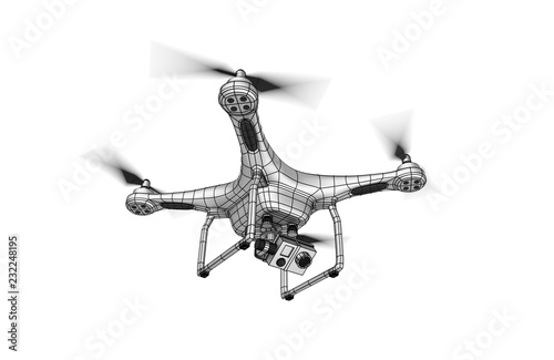 The image of a white metal quadcopter (air drone). Drone flying with action camera. Wire-frame style. 3D illustration. Isolated on white background.