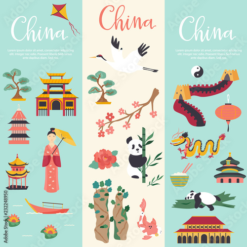 Set of banners with Chinese landmarks, symbols