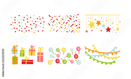 Birthday party decoration symbols set, carnival festive design elements with colorful lollipops, flags, confetti, gifts vector Illustration on a white background