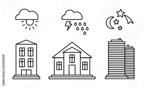 City buildings and with weather icons, sunny, rainy weather, day, night linear vector Illustration on a white background