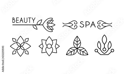 Beauty and spa logo design, linear label with floral elements for hair, spa salon, organic cosmetics vector Illustration on a white background
