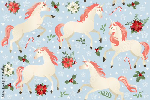 Unicorns on a Christmas floral background. Seamless pattern.