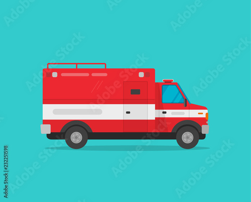 Fire truck vector illustration, flat cartoon firetruck emergency vehicle isolated on blue color background