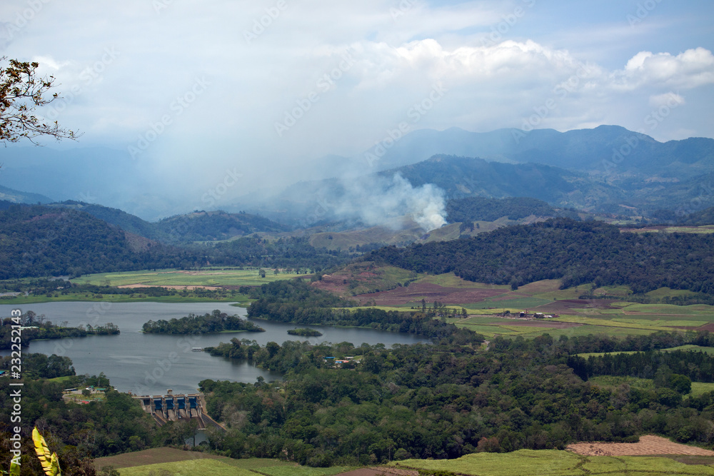 View over the beautiful Costa Rican valley of Turrialba and the Angostura Lagoon near the active volcano with same name. 