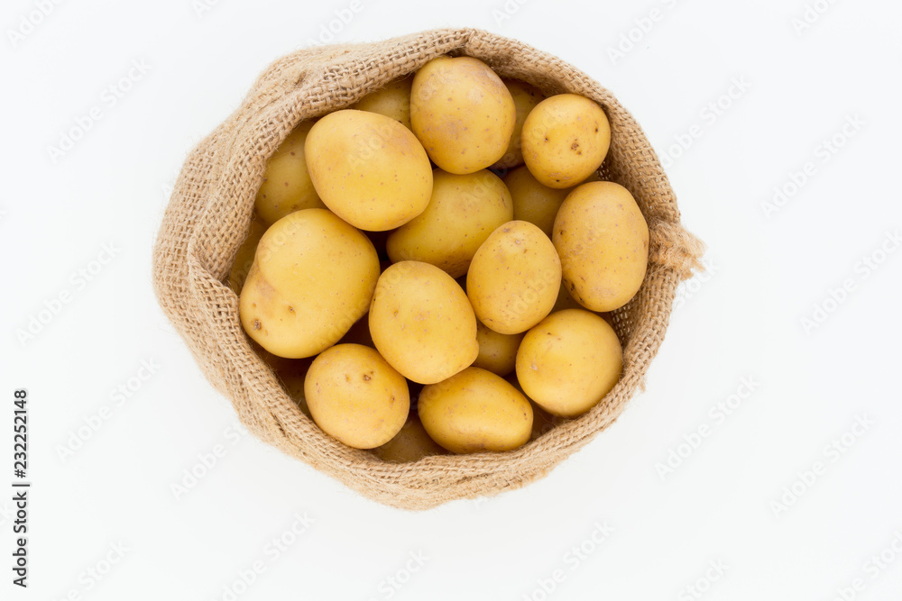 Sack of fresh raw potatoes on wooden background, top view Sack of fresh raw potatoes on wooden background, top view